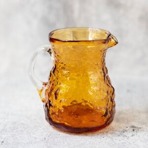 Vintage Pilgrim handblown amber crackle glass pitcher clear applied handle 4.25"